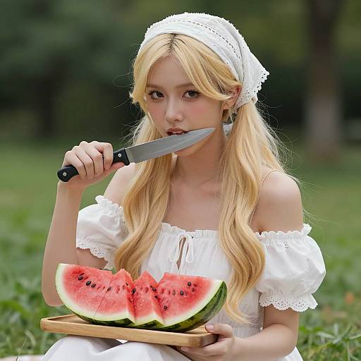 Blonde Woman with Watermelon Outdoors