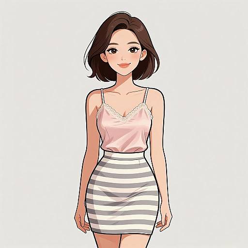 Digital anime-style illustration of a smiling young woman with short brown hair, wearing a pink lace-trimmed camisole and white-striped skirt.