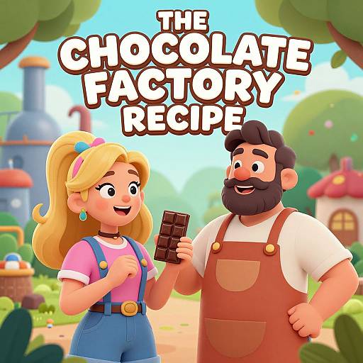 Digital cartoon image of a blonde woman and bearded man holding chocolate, set in a colorful, whimsical village, with 