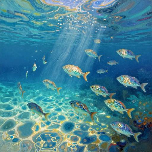 Vibrant underwater photograph of colorful, spotted fish swimming near illuminated coral and bubbles, bathed in sunlight filtering through the blue water.