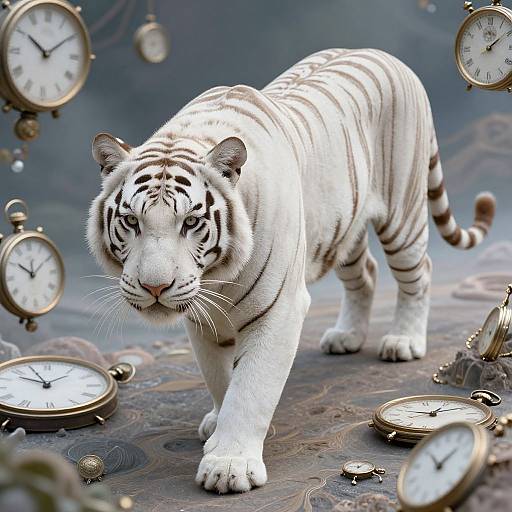 Photorealistic digital art of a white tiger with black stripes walking through a surreal scene of floating vintage pocket watches.