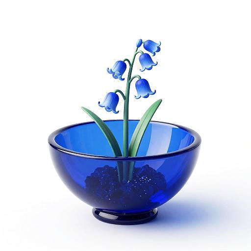 Photograph of a delicate bluebell flower in a vibrant blue glass bowl, set against a pure white background.
