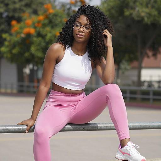 Young Woman Sitting Outdoors in Bright Outfit
