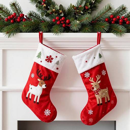 Photograph of two red Christmas stockings with white cuffs, each adorned with a reindeer, hanging below a green pine garland with red berries, on