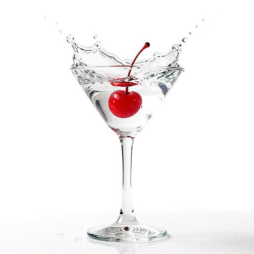 Photograph of a clear martini glass with a red cherry at the center, splashing water, white background, vibrant contrast.