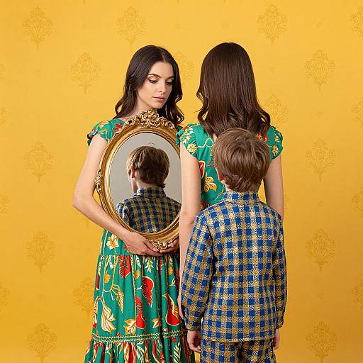 Figures with Mirror and Floral Background