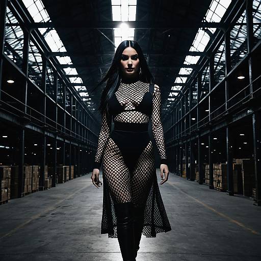 Woman in Sheer Fishnet Gothic Dress in Industrial Warehouse