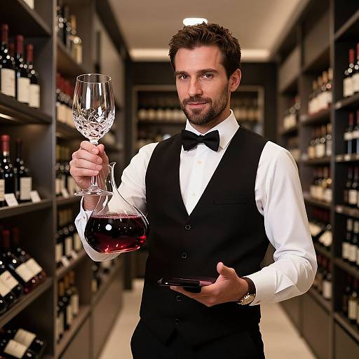 Photograph of a handsome, bearded man with dark hair in a white shirt and black vest, holding a wine glass and decanter, standing in