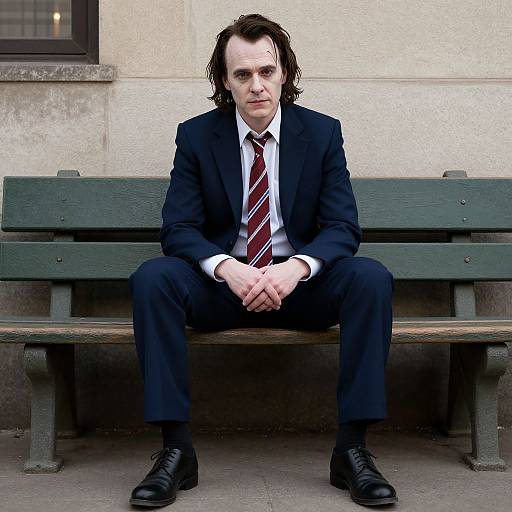Photograph of a serious-looking man with shoulder-length dark hair, wearing a black suit, white shirt, and red-striped tie, sitting on a green