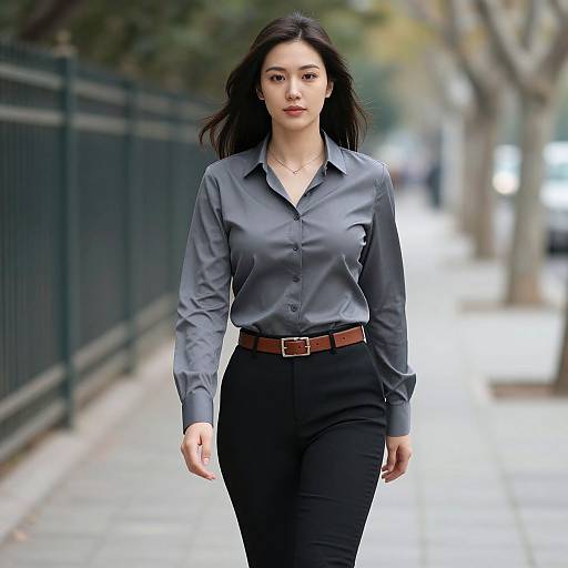Photograph of an Asian woman with long black hair, wearing a gray button-up shirt and black pants, walking down a city sidewalk with a blurred fence