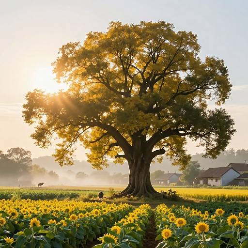 Photograph of a large, sunlit oak tree standing in a vibrant sunflower field at sunrise, with mist in the background and distant houses.