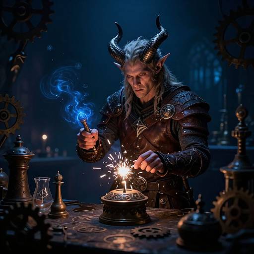 Fantasy photograph: Horned demon with white hair, dark armor, sparks a candle, blue magical smoke, surrounded by steampunk gear, dim