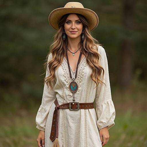 Photograph of a smiling woman with long wavy brown hair, wearing a beige sunhat, white lace dress, brown belt, and long bead necklace