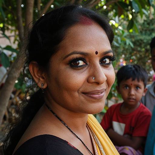 Photograph of a smiling Indian woman with dark skin, black hair in a ponytail, nose and eyebrow piercings, yellow scarf, dark eye