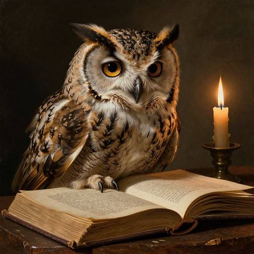 Photograph of a realistic, detailed owl with large yellow eyes, perched on an open book, beside a lit candle in a dark room.
