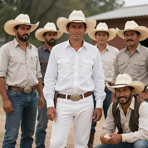 Cowboys Gathered Outdoors in Intense Portrait