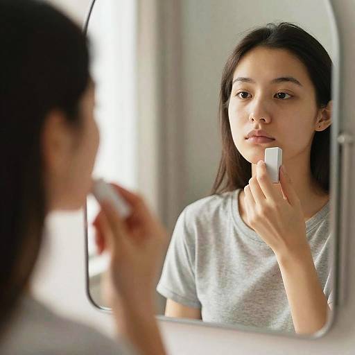 Young Asian woman with long black hair, wearing gray t-shirt, applies white skincare product to her face in front of mirror.