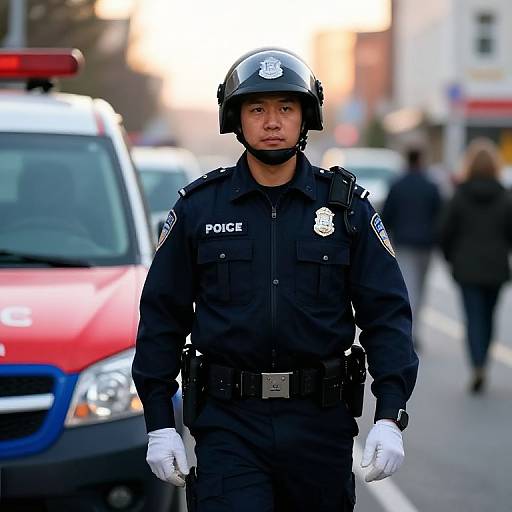 Photograph of an Asian male police officer in dark uniform, white gloves, black helmet, standing on urban street with red police SUV, blurred pedestrians in
