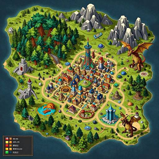Colorful isometric digital map of a fantasy village featuring a central tower, dragon, forests, mountains, and various buildings with vibrant details.