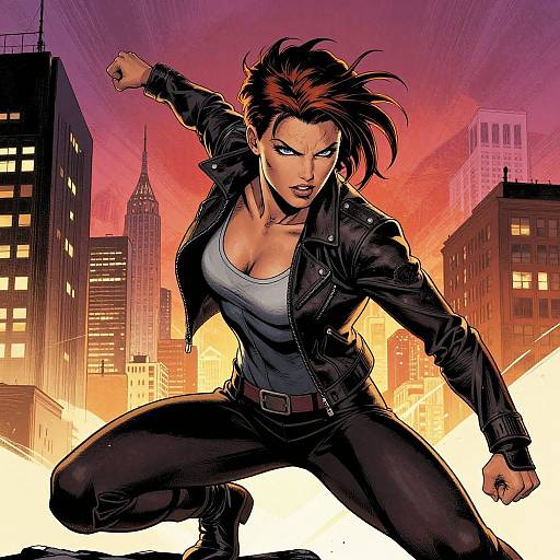 Digital comic illustration of a fierce, red-haired woman in a black leather jacket and tight black pants, crouching in a dynamic pose against a sunset