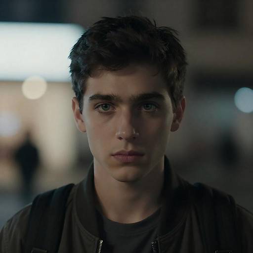 Intense Green-Eyed Man at Night