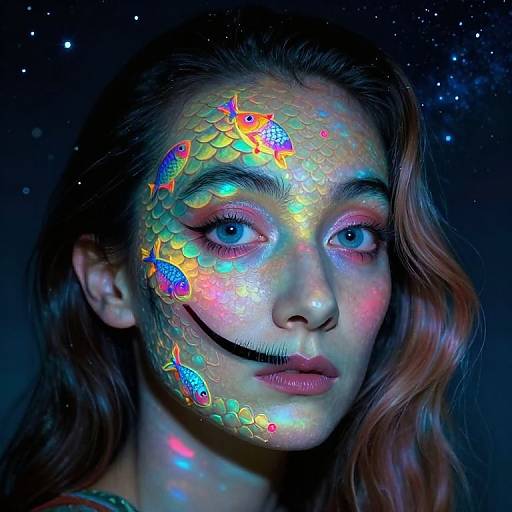 Photograph of a woman with glowing, multicolored fish scales on her face, starry dark background, long wavy hair, intense blue eyes