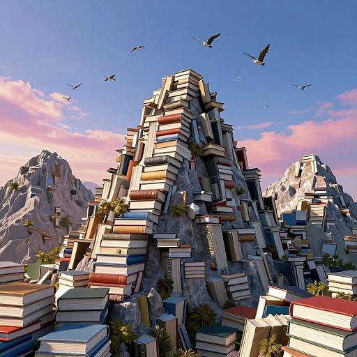 Photorealistic CGI of a towering, surreal mountain made entirely of stacked, colorful books, with birds flying overhead and rocky mountains in the background under a