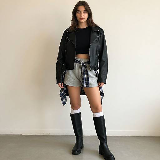 Photograph of a young woman with long brown hair, wearing a black leather jacket, black crop top, gray plaid shorts, white knee socks,