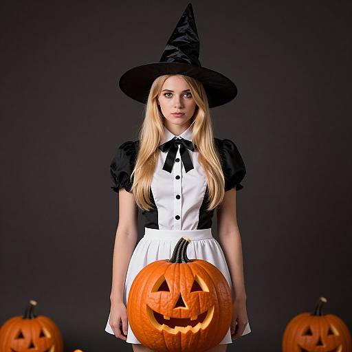 Photograph of a blonde woman in a black witch hat and white-black dress, holding a carved pumpkin with a jack-o'-lantern face, against