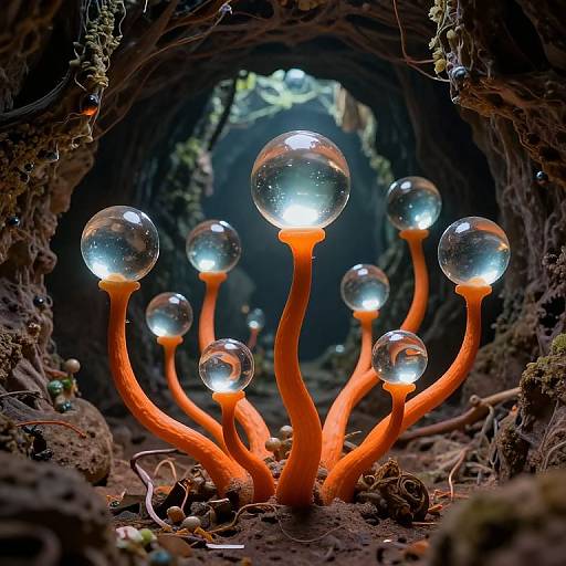 Photograph of a cavern with orange, branching mushrooms topped with glowing, transparent orbs, surrounded by dark, moss-covered rocks.