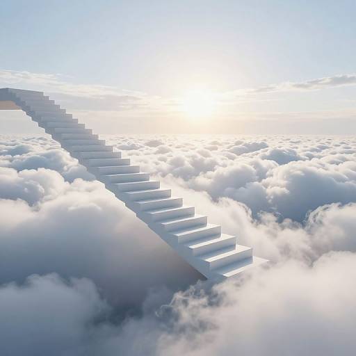 Photograph-style CGI of a staircase descending through fluffy white clouds towards a bright, sunlit sky in the distance.