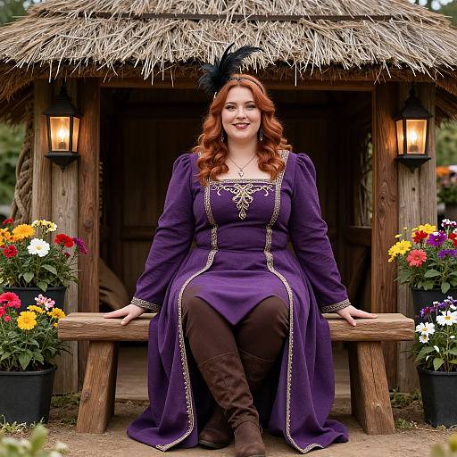 Photograph of a red-haired woman in a purple medieval-style dress, sitting on a wooden bench under a thatched-roof hut, surrounded by colorful