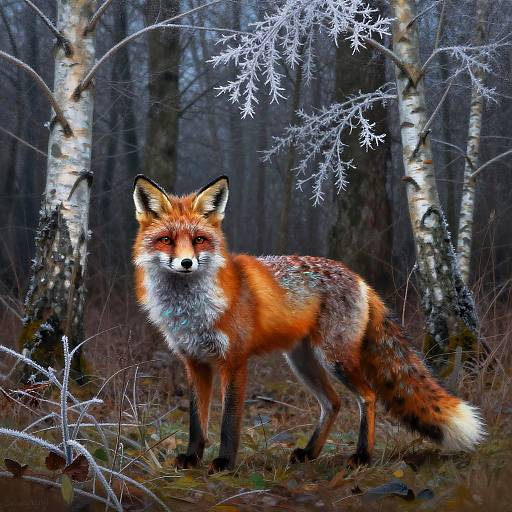 Photograph of a vibrant red fox with white underbelly and bushy tail, standing in a frosty, dark forest with birch trees.