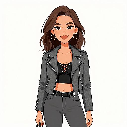 Digital illustration of a confident woman with fair skin, brown wavy hair, wearing a black lace-up crop top, gray leather jacket, and dark pants