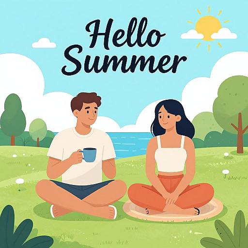 Illustration of a smiling couple sitting cross-legged on a grassy beach, drinking from cups, with 
