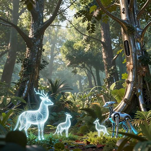 Photograph of glowing, neon-deer sculptures in a lush, sunlit forest. The ethereal creatures emit blue and white light, surrounded by dense