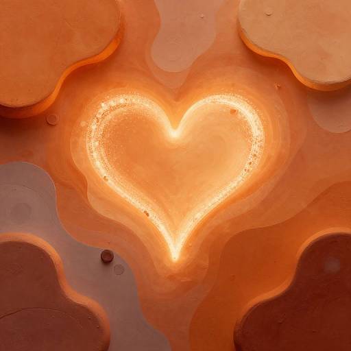 Abstract photograph of a glowing, orange heart-shaped light against a textured, wavy, orange and red background with subtle water droplets.