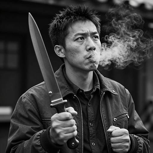 Intense Man with Knife in Dark Atmosphere