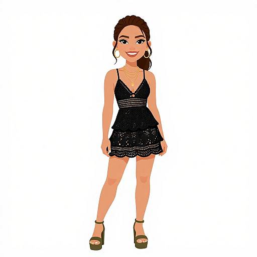 Digital illustration of a smiling woman with brown hair in a black, sparkling, sleeveless mini dress and brown high heels, standing against a white background.