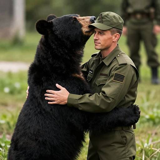 Man Hugs Bear in Military Uniform