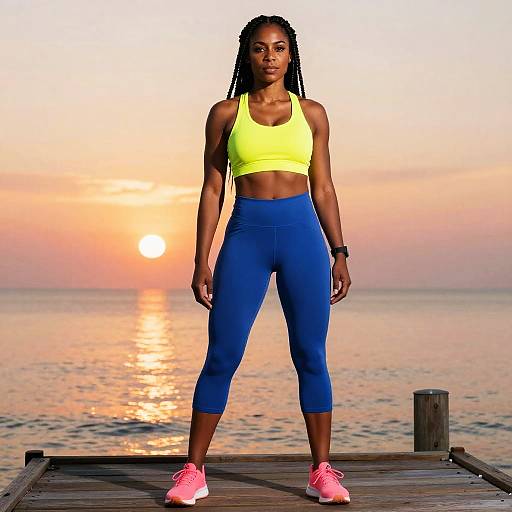 Photograph of a muscular Black woman with braided hair, wearing a neon yellow sports bra, blue capri leggings, and pink sneakers, standing on