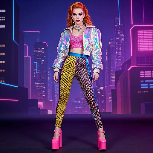Digital art of a confident red-haired woman in neon pink, silver, and yellow fishnet leggings, pink platform heels, and a reflective jacket, standing