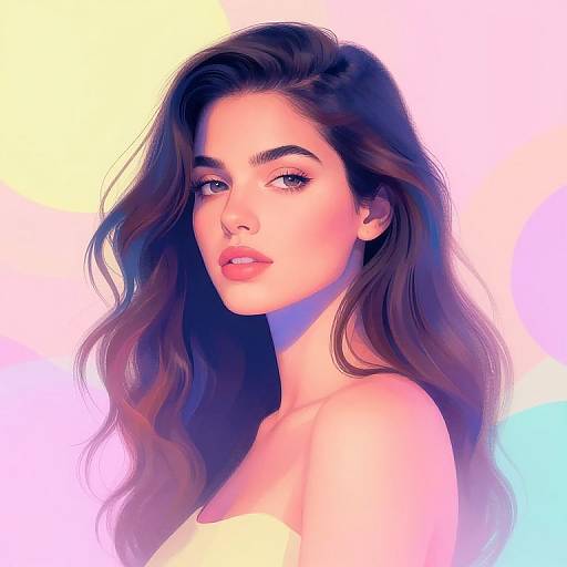 Digital illustration of a beautiful, fair-skinned woman with long, wavy brown hair, full pink lips, and soft, confident expression. Neon past