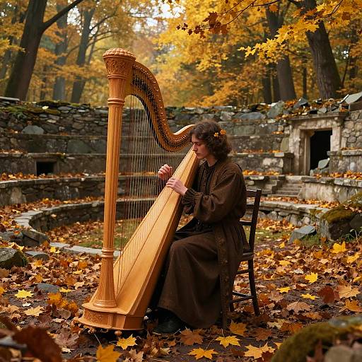 Enchanted Harpist in Autumn Amphitheater