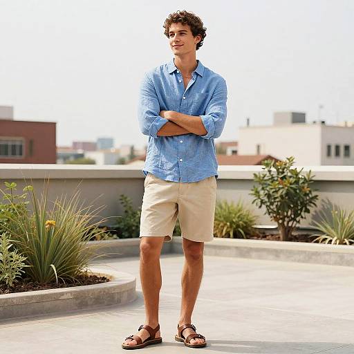 Photograph of a young man with curly brown hair, wearing a blue button-up shirt, beige shorts, and brown sandals, standing with arms crossed on