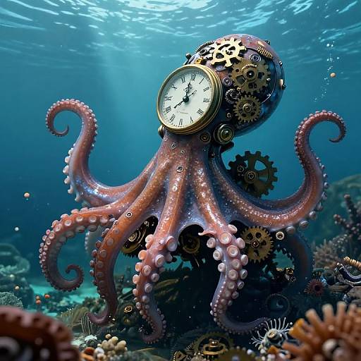 Photograph of a steampunk octopus with gears and clock face, pink tentacles, underwater, surrounded by coral and sunlight rays.