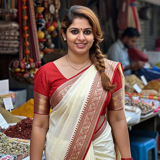 Photograph of a smiling Indian woman with dark brown hair in a braid, wearing a red and white traditional saree with gold embroidery, standing in