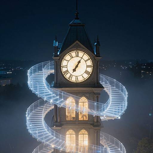 Nighttime photograph of a lit clock tower with a glowing blue, spiral light trail wrapping around it, illuminating its clock face and windows.