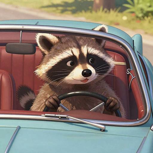CGI image of a cute, anthropomorphic raccoon with black and white fur, driving a bright blue vintage car with red leather seats. Racco