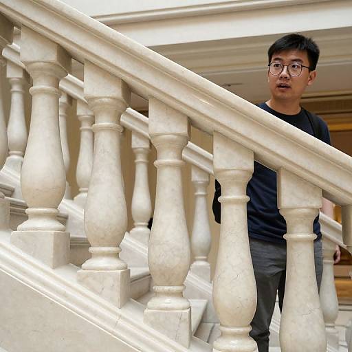 Photograph of an Asian man with short black hair and glasses, wearing a black t-shirt, standing behind a white marble staircase.